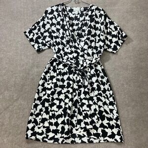 Donna Morgan Black White Geometric Wrap Dress Short Sleeve Tie Waist Size 6